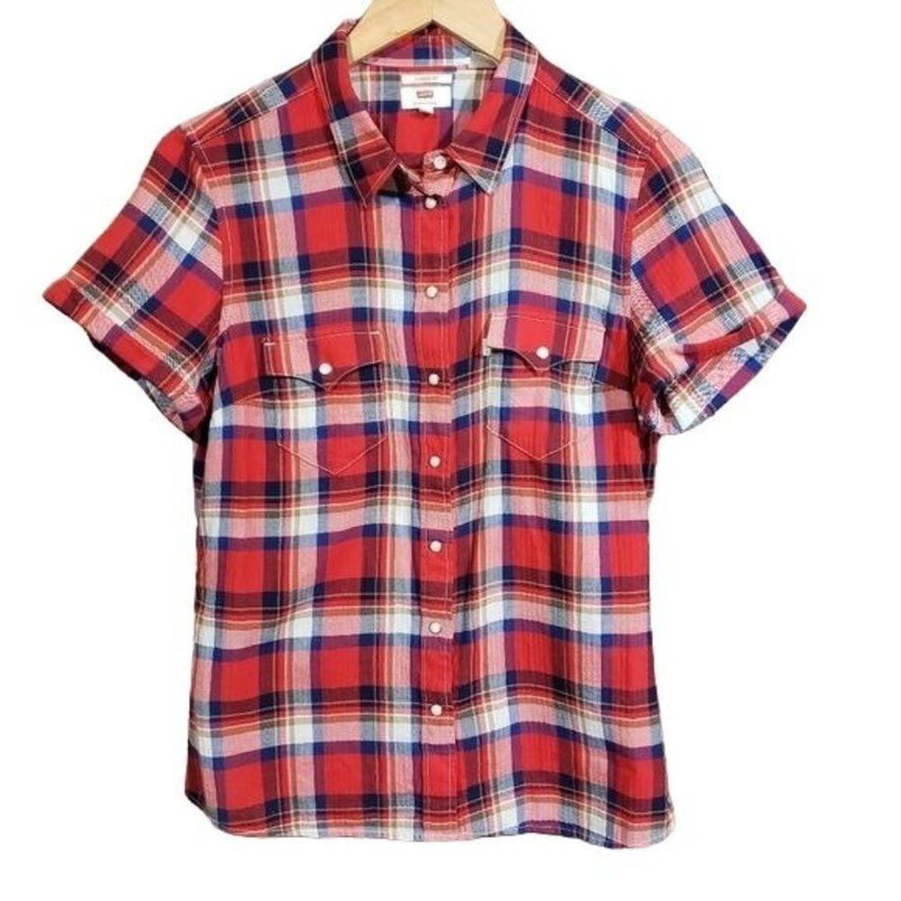 Levi's pearl snap‎ red plaid short sleeve sewn cuff shirt woman's size medium